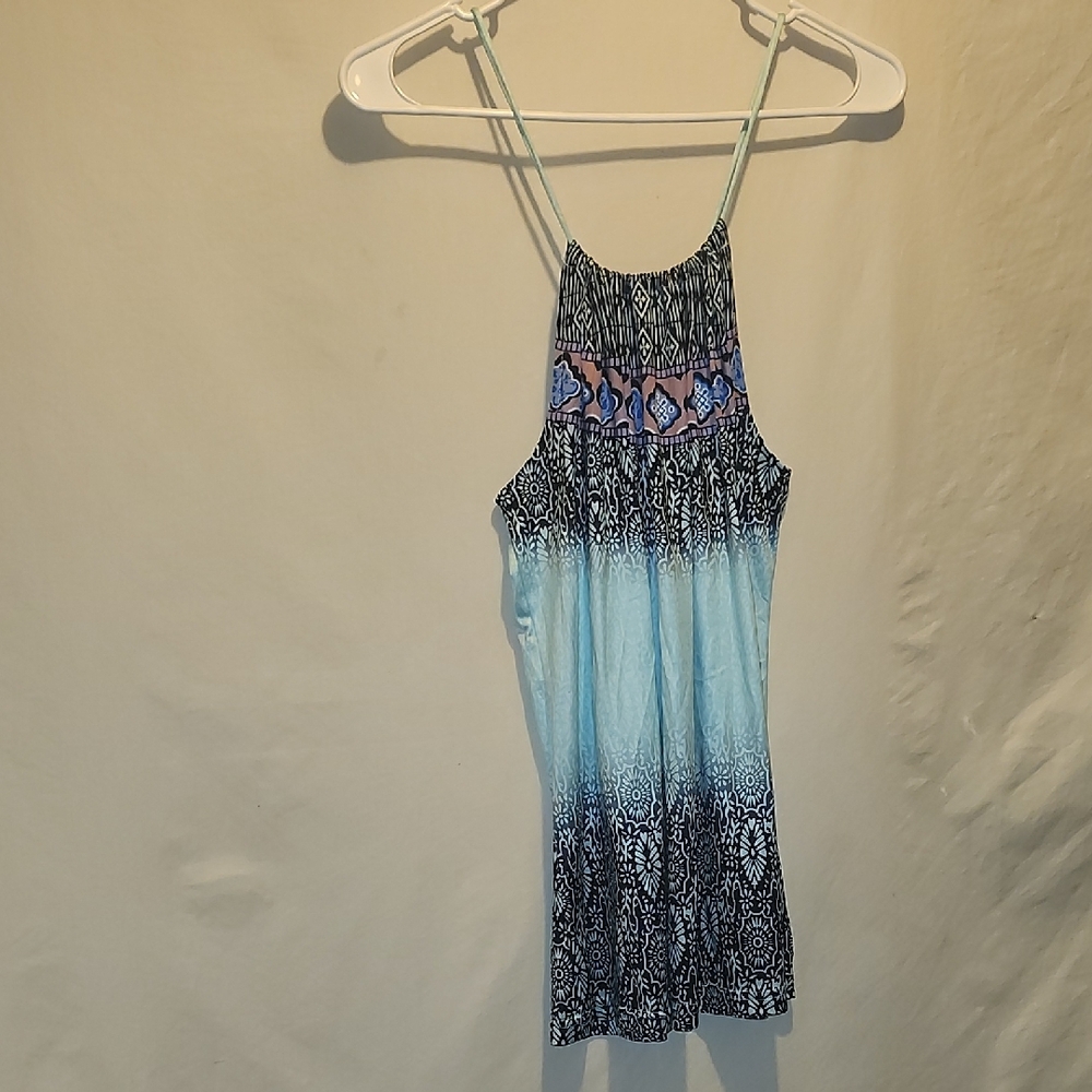 Blue and Black Patterned Sleeveless Long Tank Top